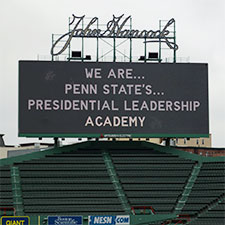 PLA welcome message on the scoreboard at Fenway Park in Boston